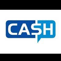 A blue and white cash logo with a speech bubble.